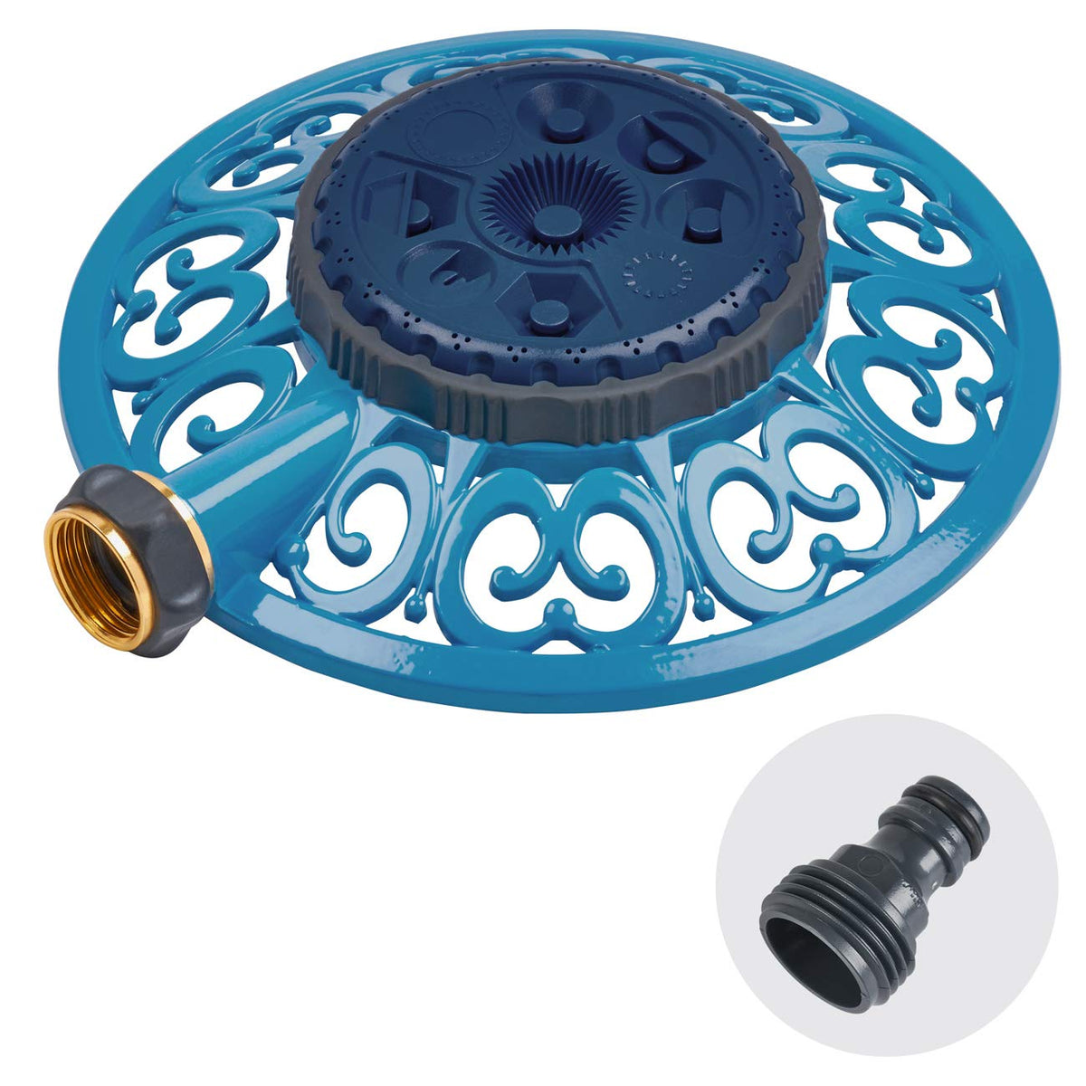 Melnor Sprout 8-pattern sprinkler demonstrates versatile coverage for irregular lawns.