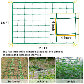 MELOHO garden trellis netting helps tomatoes train upward for better air circulation.