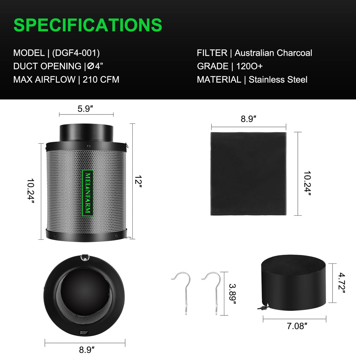 MELONFARM 210 CFM filtration rate suits inline duct setups.
