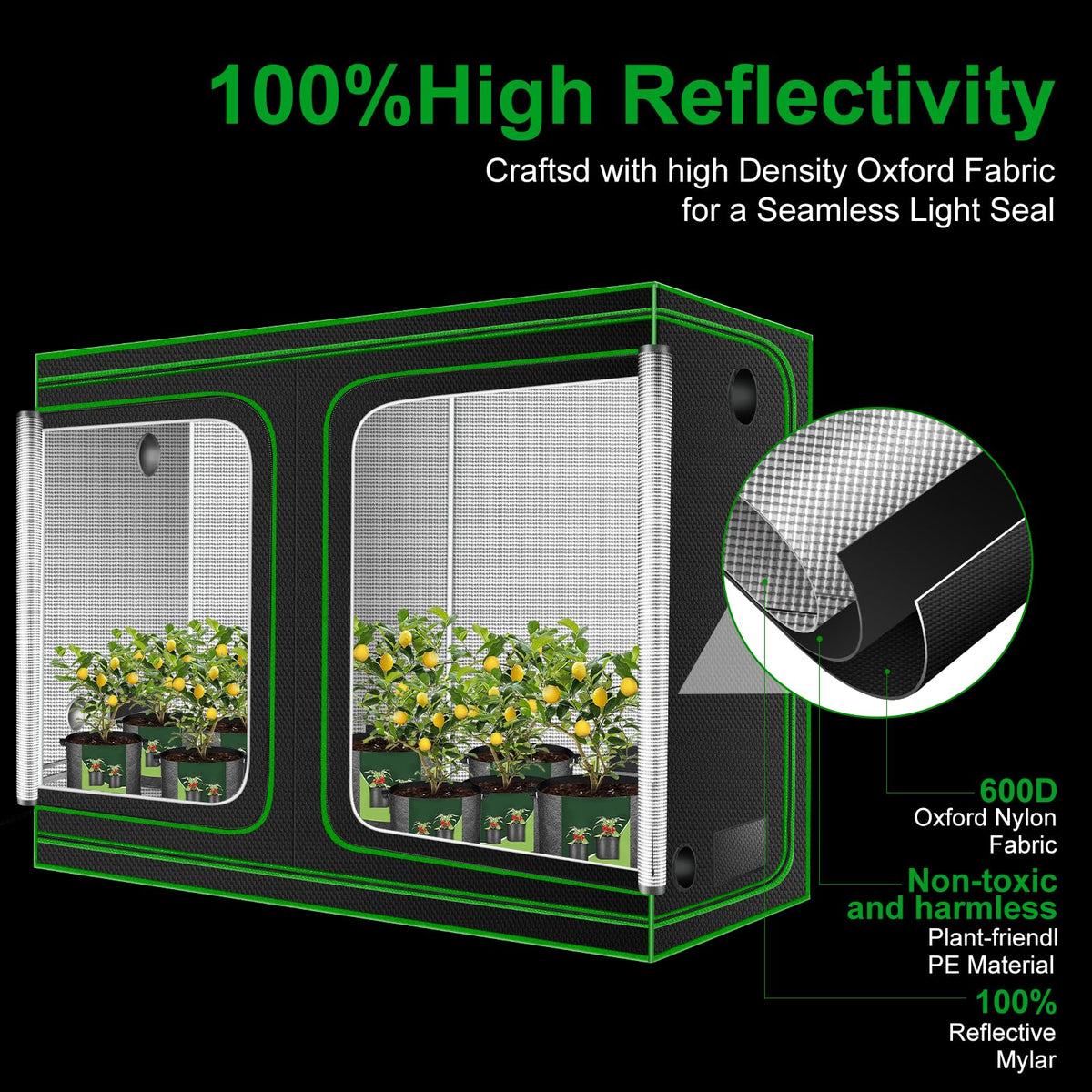 MELONFARM 4x8 grow tent interior with reflective walls improves light distribution.