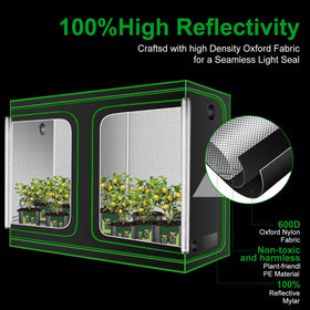 MELONFARM 4x8 grow tent interior with reflective walls improves light distribution.