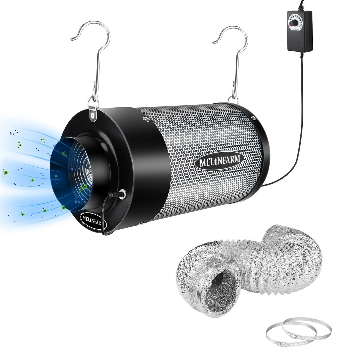 MELONFARM air filtration kit 4in fan for quiet, efficient ventilation in grow tents.