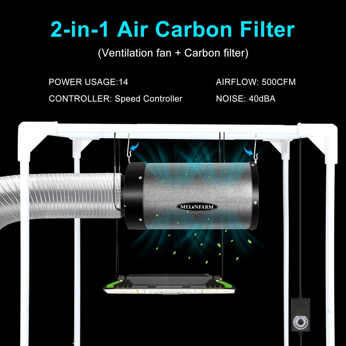 MELONFARM carbon filter 4in showcases high absorption for odor control.