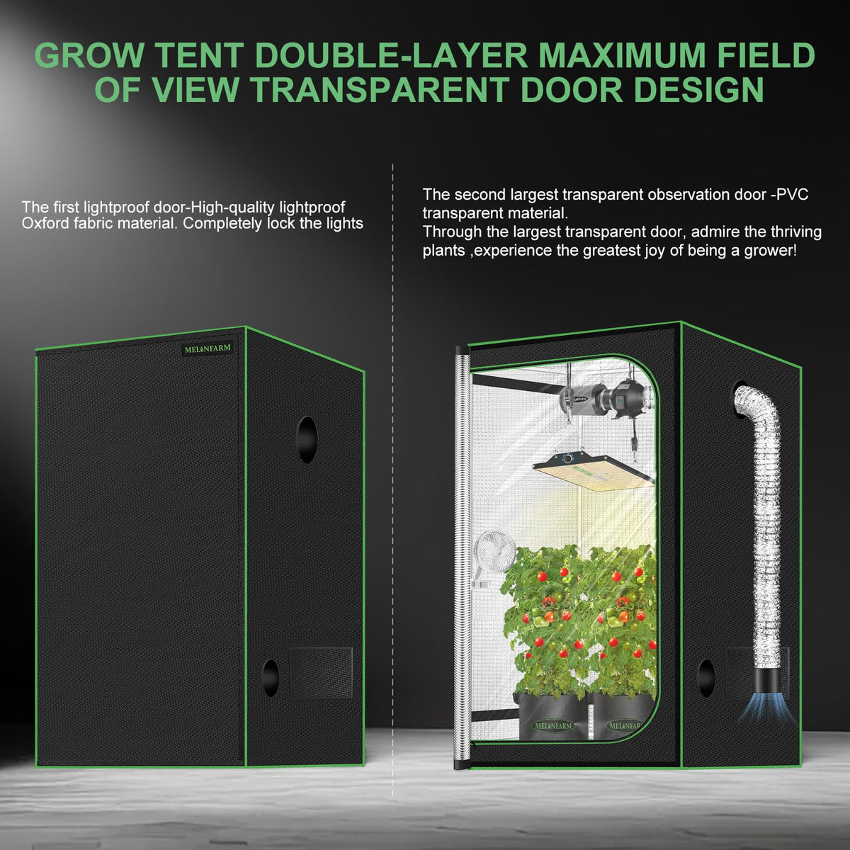 MelonFarm grow tent double-layer door enables easy monitoring and privacy control.