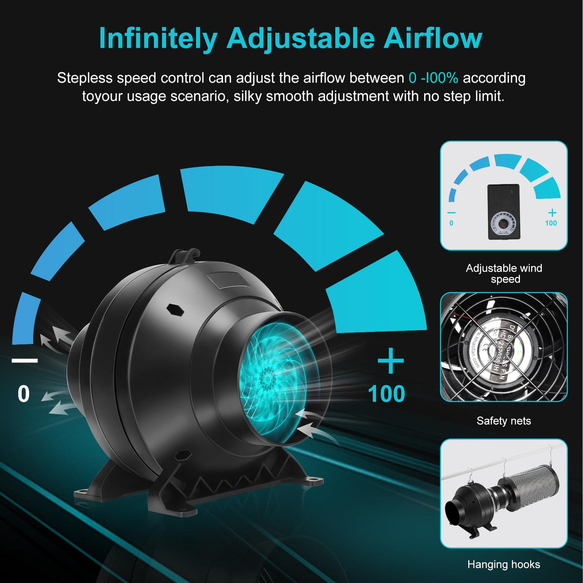 MELONFARM inline duct fan demonstrates up to 190 CFM for faster air exchange.