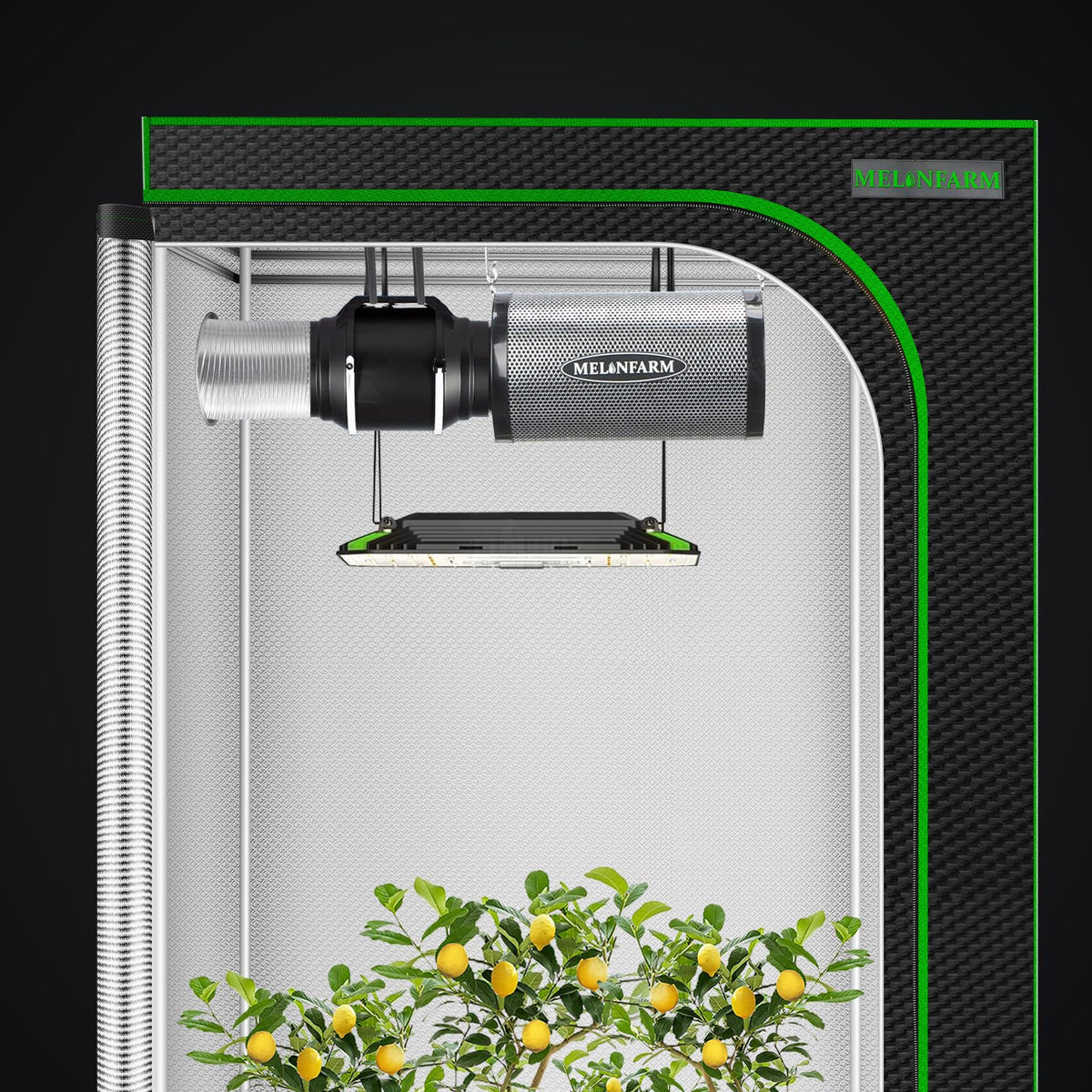 MELONFARM compatible with inline fans for flexible intake and exhaust.