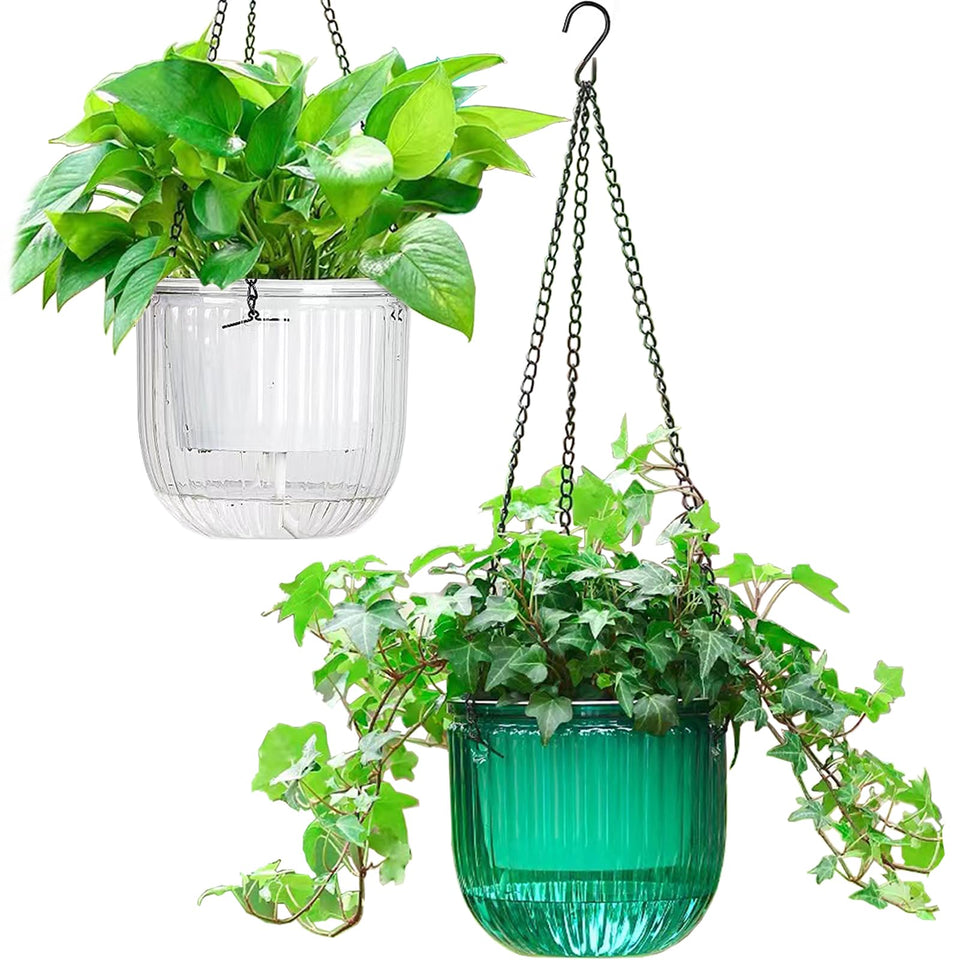 Melphoe self-watering hanging planter set showing dual pots for indoors and outdoors