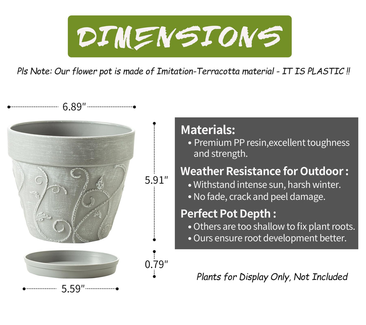 Melphoe pot with drainage holes and included saucer.