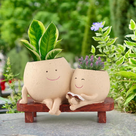 Meltset M cute face planter with double-head bench, ideal for indoor succulents.