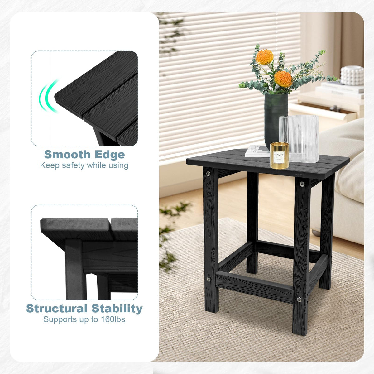 Meluvici black Adirondack side table by poolside.