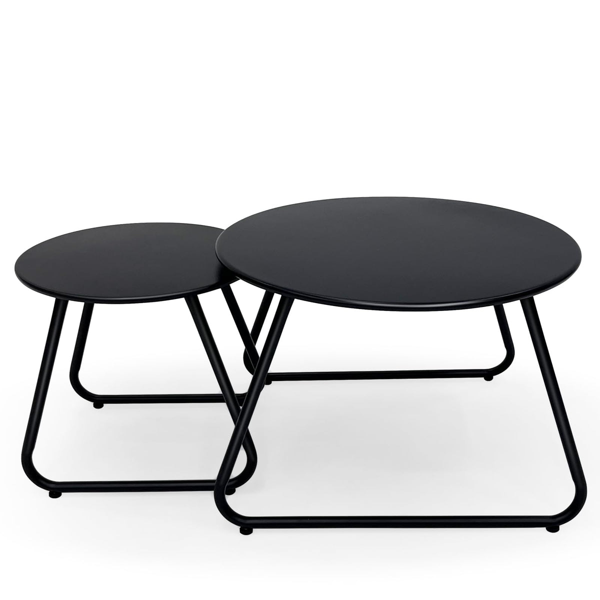 Meluvici large round outdoor coffee table set in black for balcony seating and entertaining.