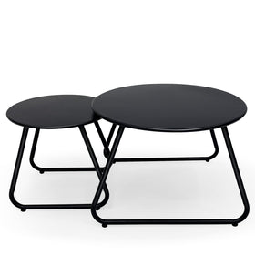 Meluvici large round outdoor coffee table set in black for balcony seating and entertaining.