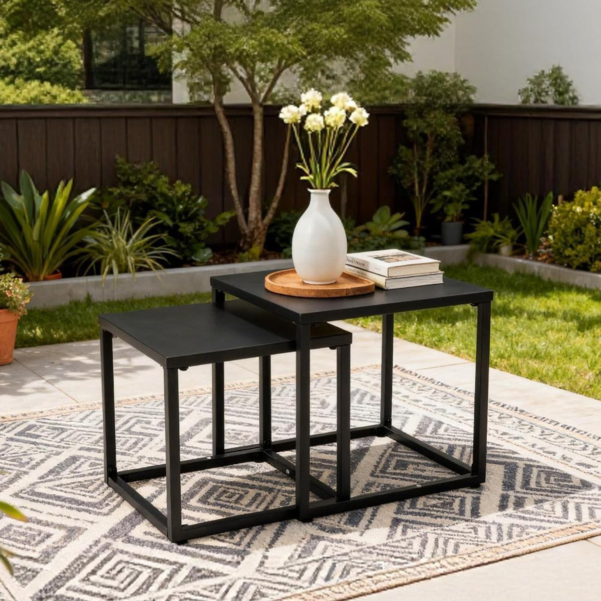 Meluvici patio tables with all-weather steel for durable outdoor use.