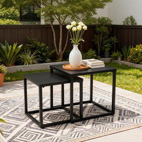 Meluvici patio tables with all-weather steel for durable outdoor use.