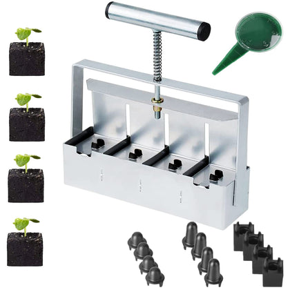 MELVTATA hand-held soil blocker forming four 2x2 inch blocks for seed starting