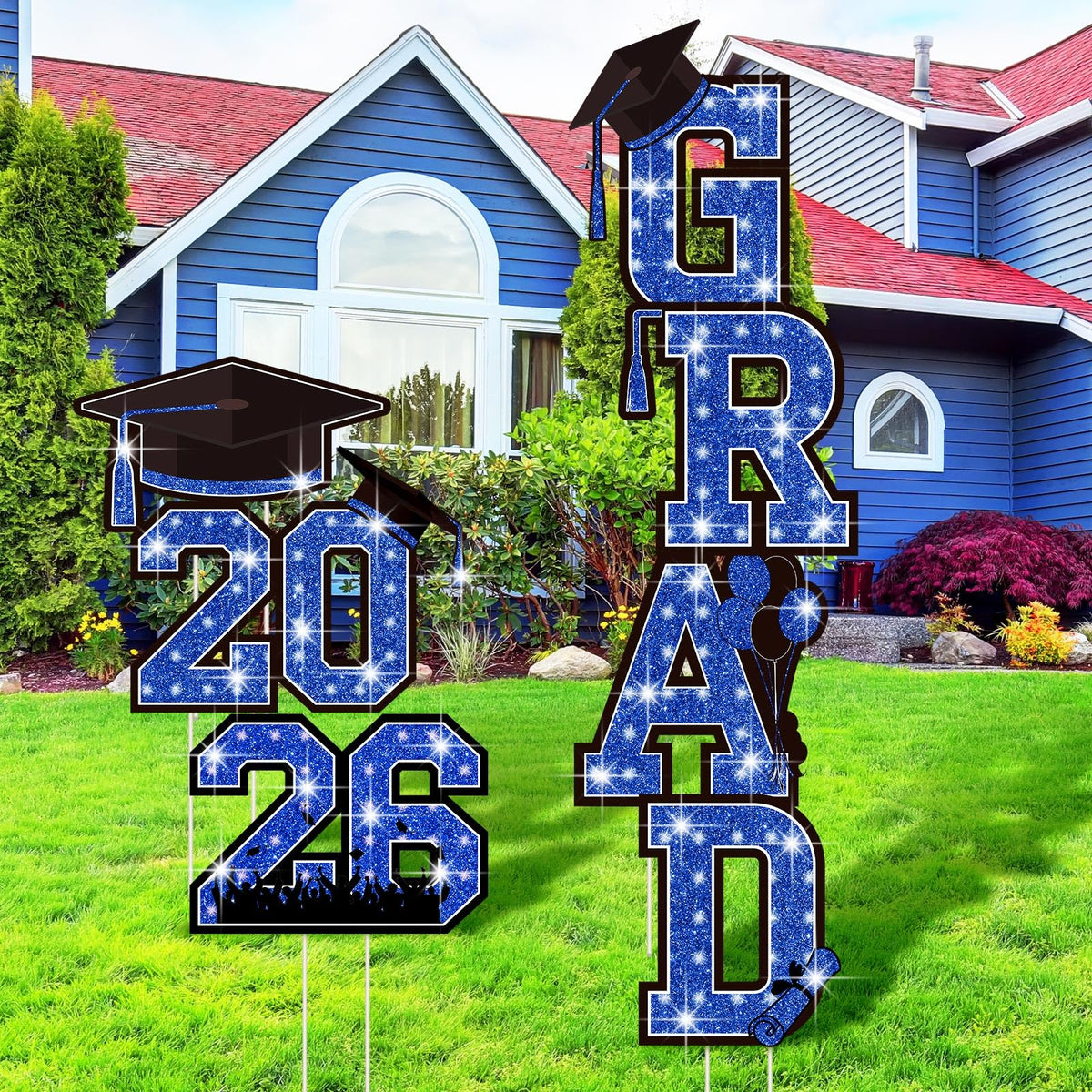 Memorywuu 2026 grad yard signs in blue glitter for outdoor decor.