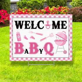 Memorywuu Baby Q for Girl yard sign in pink welcomes guests outdoors.