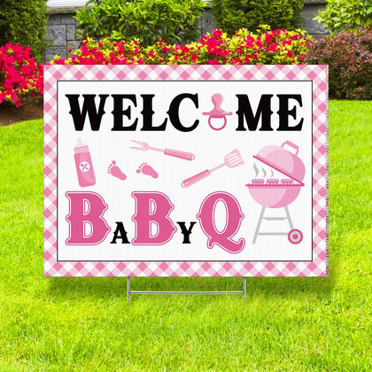 Memorywuu Baby Q for Girl yard sign in pink welcomes guests outdoors.