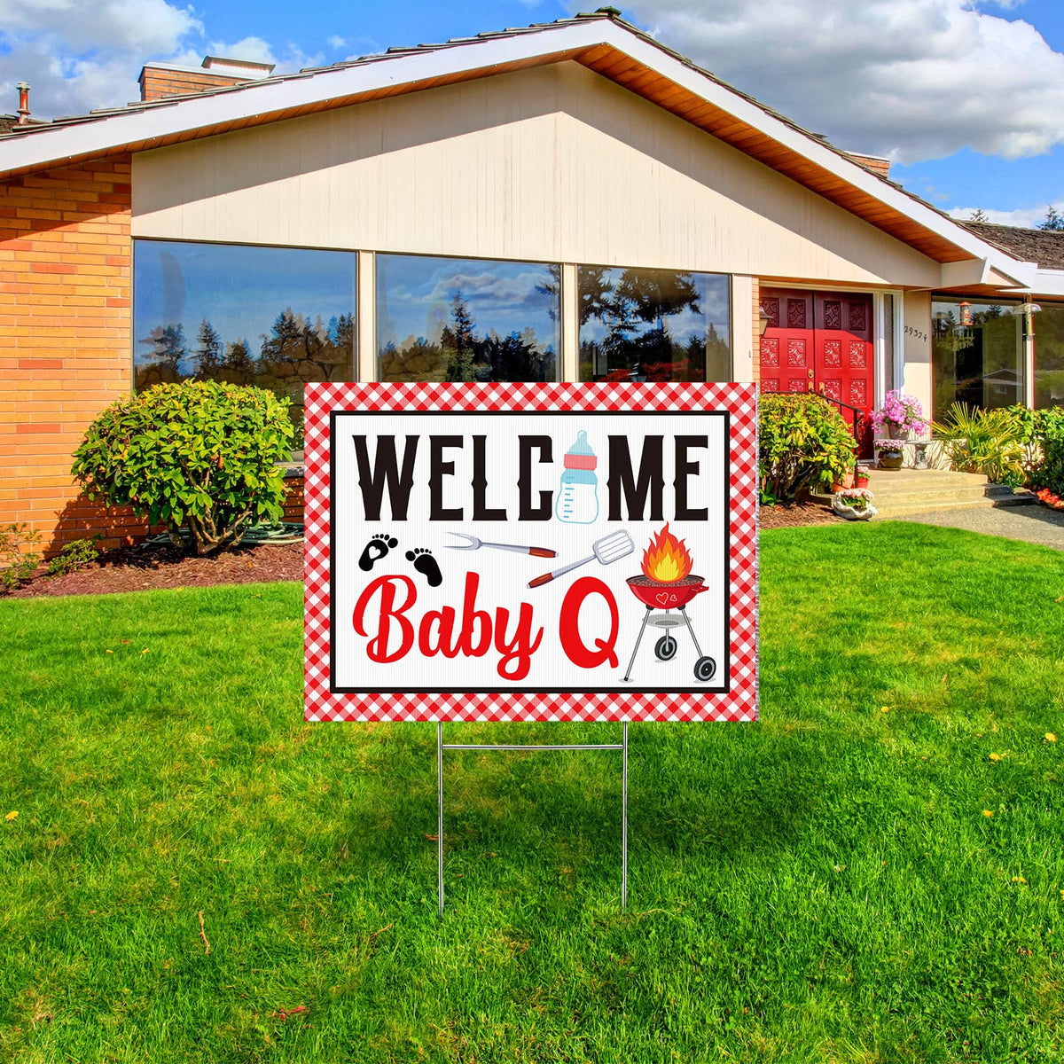 Memorywuu Baby Q sign in garden decor adds festive red and black flair