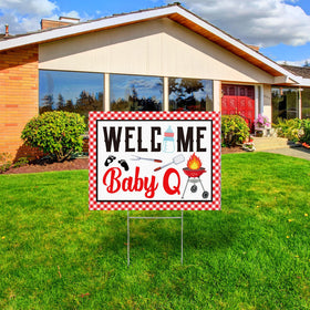 Memorywuu Baby Q sign in garden decor adds festive red and black flair
