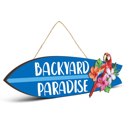 Memorywuu Backyard Paradise surfboard wall decor in blue, ideal for outdoors.