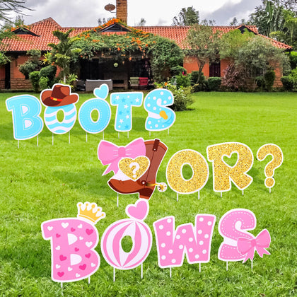 Memorywuu Boots or Bows yard sign with boy-girl visuals for outdoor gender reveal.