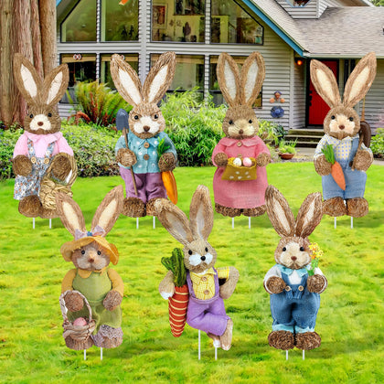 Memorywuu Easter Bunny yard sign with vintage straw bunny for festive lawn decor.