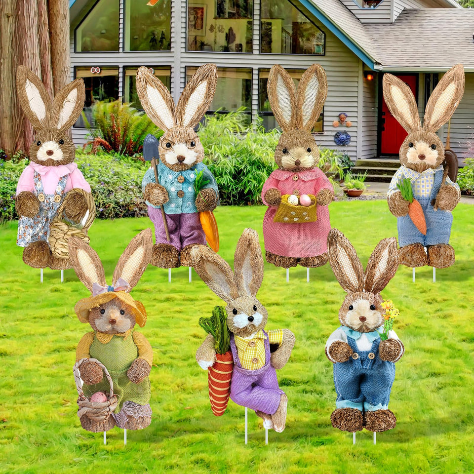 Memorywuu Easter Bunny yard sign with vintage straw bunny for festive lawn decor.