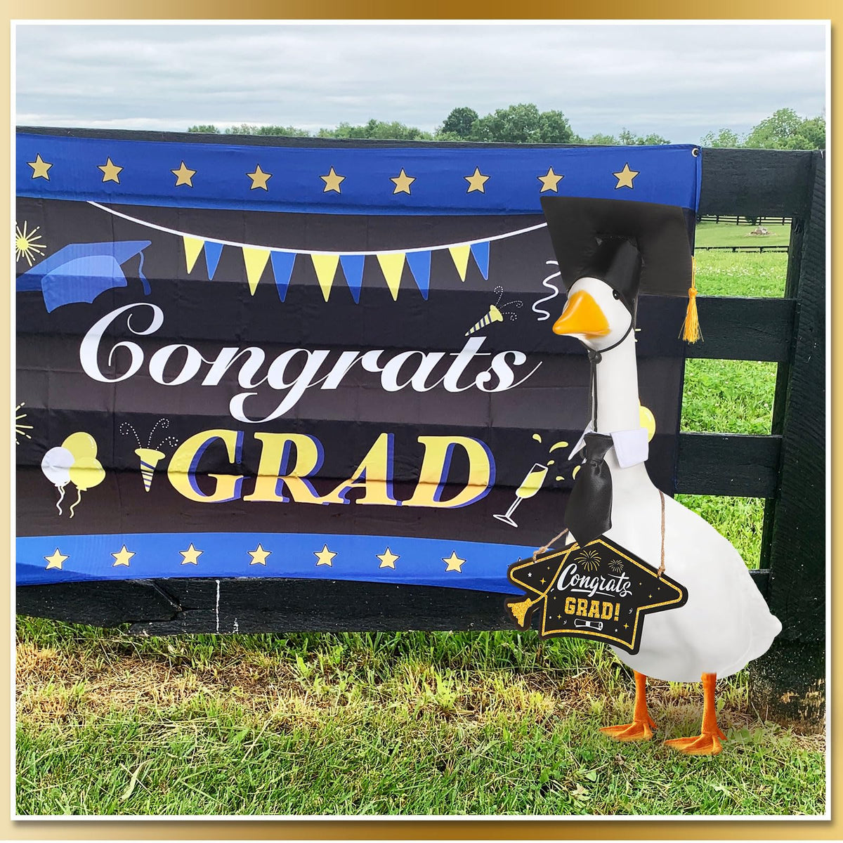 Memorywuu Goose outfit with cap highlights playful graduation attire on a lawn goose.