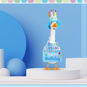Memorywuu Goose wearing birthday costume on cement statue