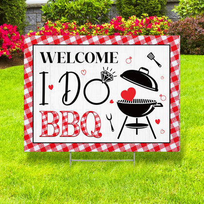 Memorywuu I Do BBQ floor sign displayed outdoors inviting guests to the event