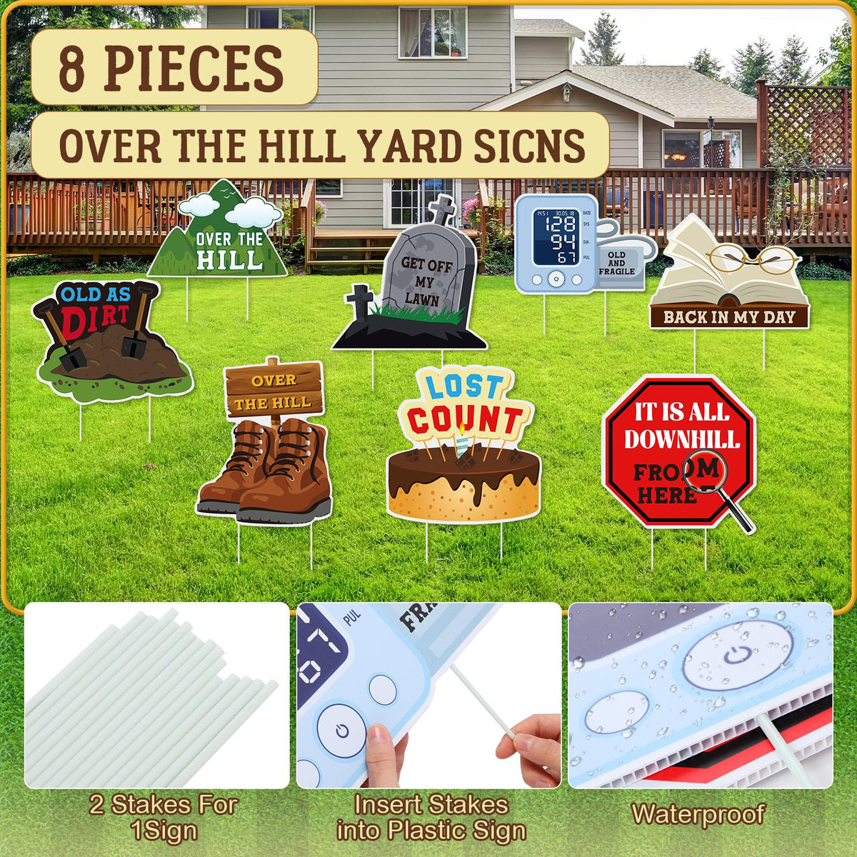 Memorywuu over-the-hill lost-count cake sign brings humorous birthday or retirement mood