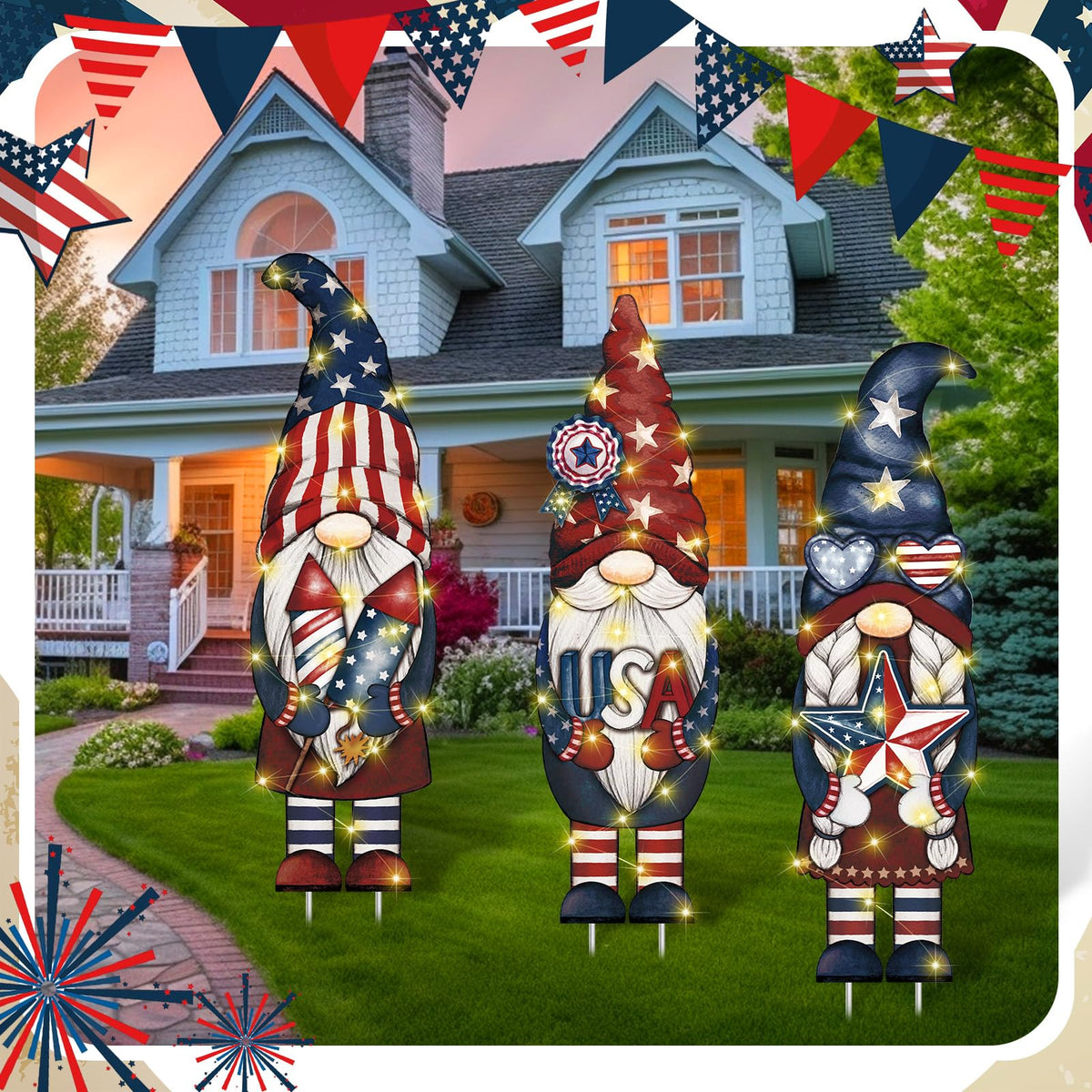 Memorywuu Patriotic gnome yard decor features bright LEDs for nighttime visibility.