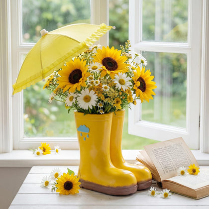 Memorywuu rain boot planter with bright yellow color for cheerful tabletop décor.