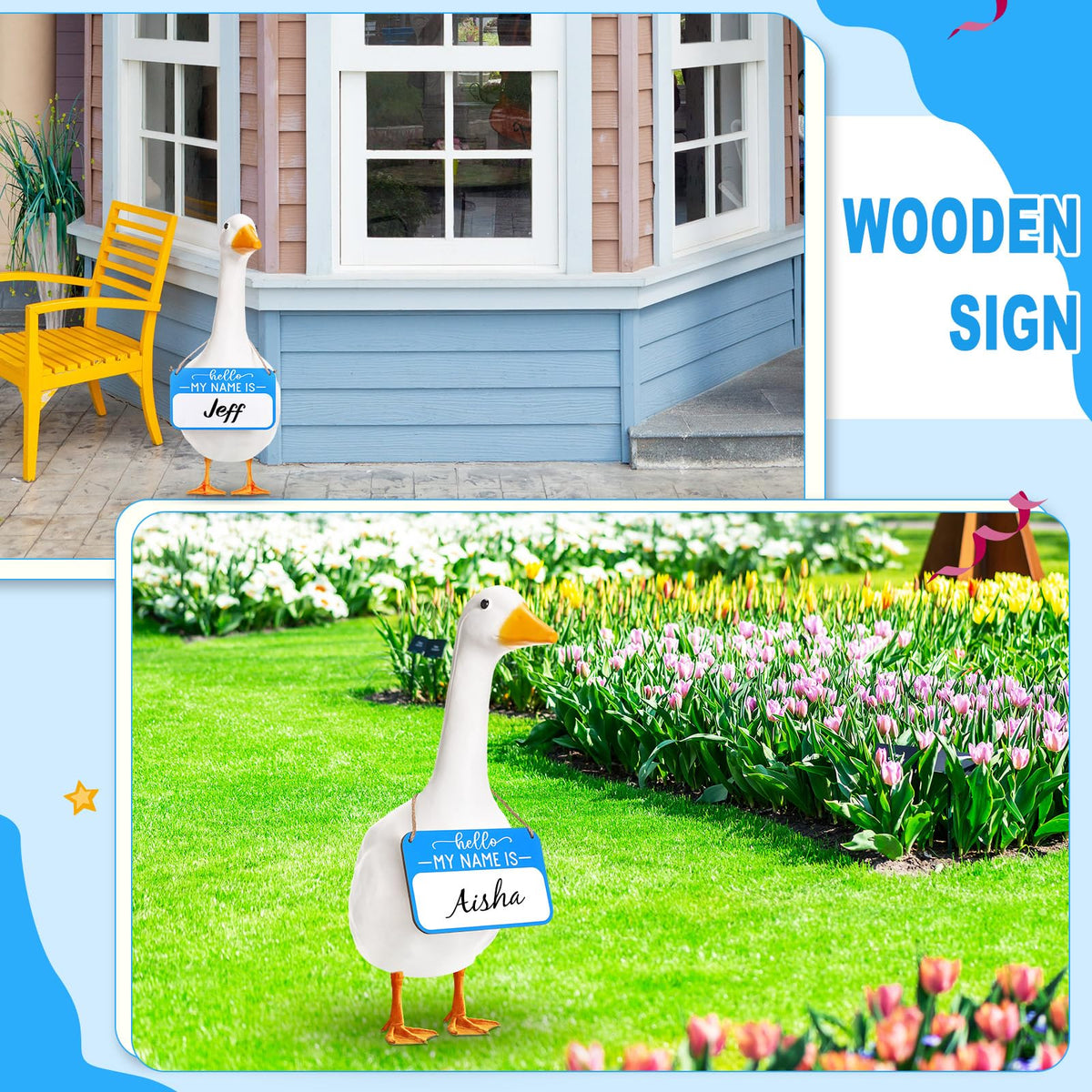 Memorywuu two-pack My Name Is sign offers versatile porch goose display.