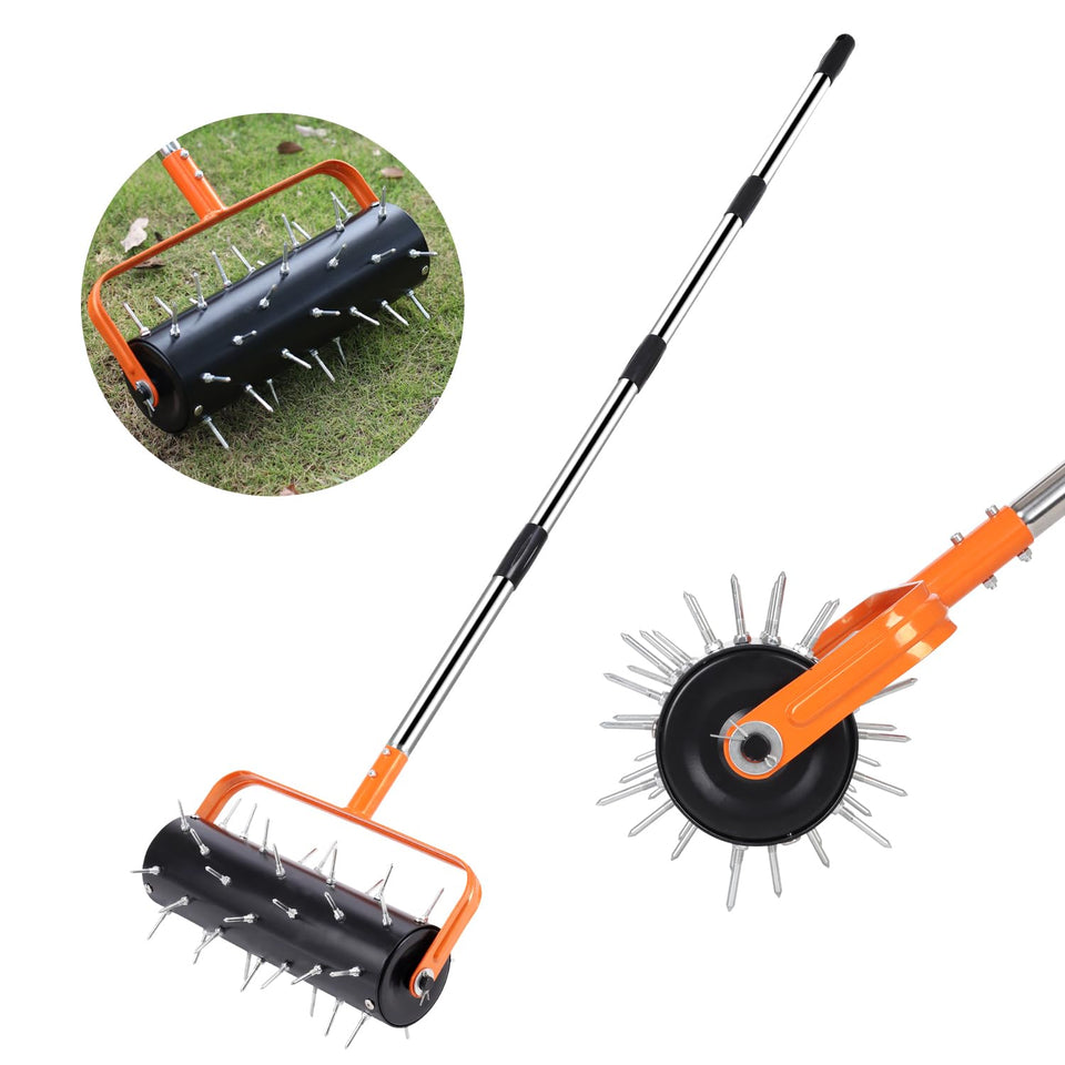 Mempa rolling lawn aerator during assembly, highlighting quick setup