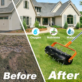 Mempa aerator in action across a sunlit lawn