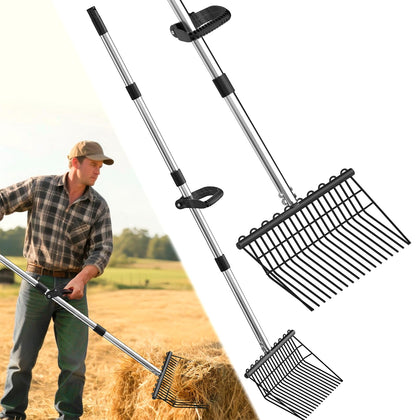 MENGBEI pitchfork with 18 tines and 53-inch reach for efficient hay handling.