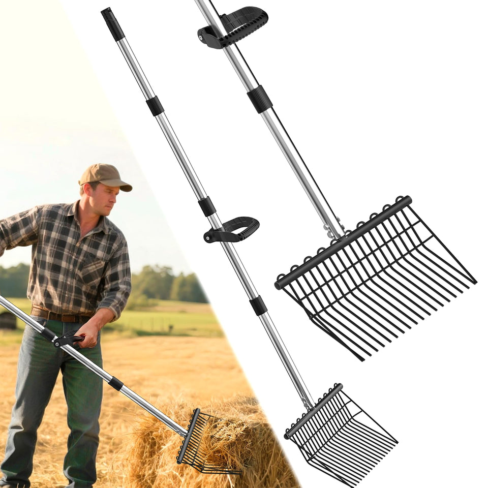 MENGBEI pitchfork with 18 tines and 53-inch reach for efficient hay handling.