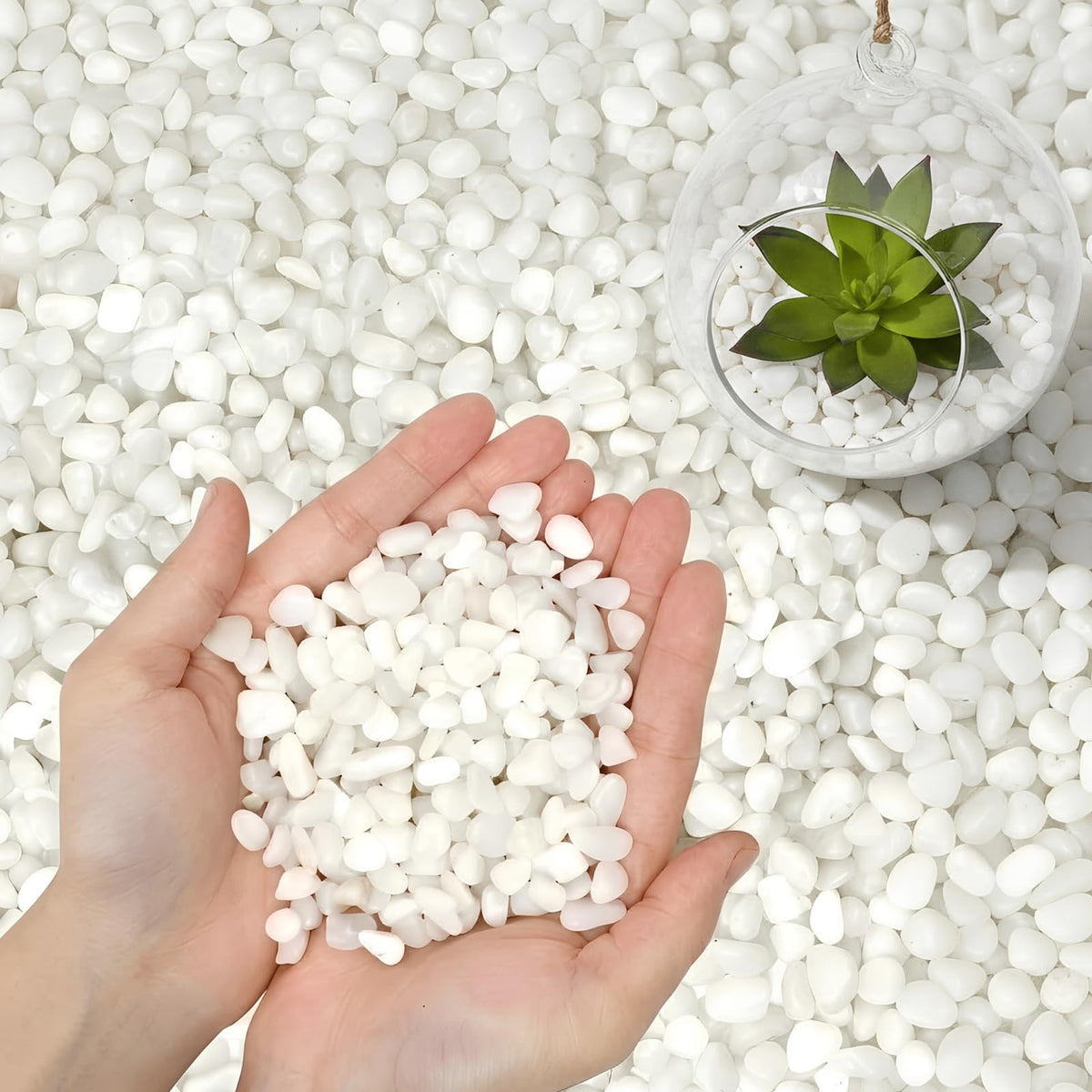 Mengdewei snow white polished pebbles for indoor plants and planters.