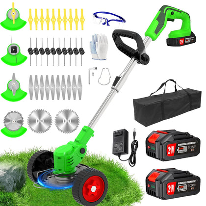 MENGQUYOUPIN cordless weed wacker with wheels for easy yard maneuvering and edging.