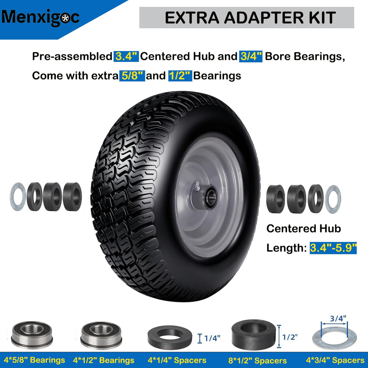 Menxigoc 11x4-5 solid tire compatible with zero-turn mowers.