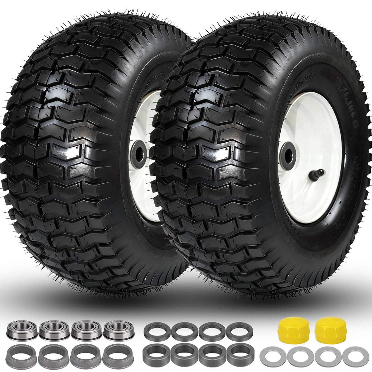 Menxigoc 15x6-00-6 front tire assembly for compatible riding mowers.