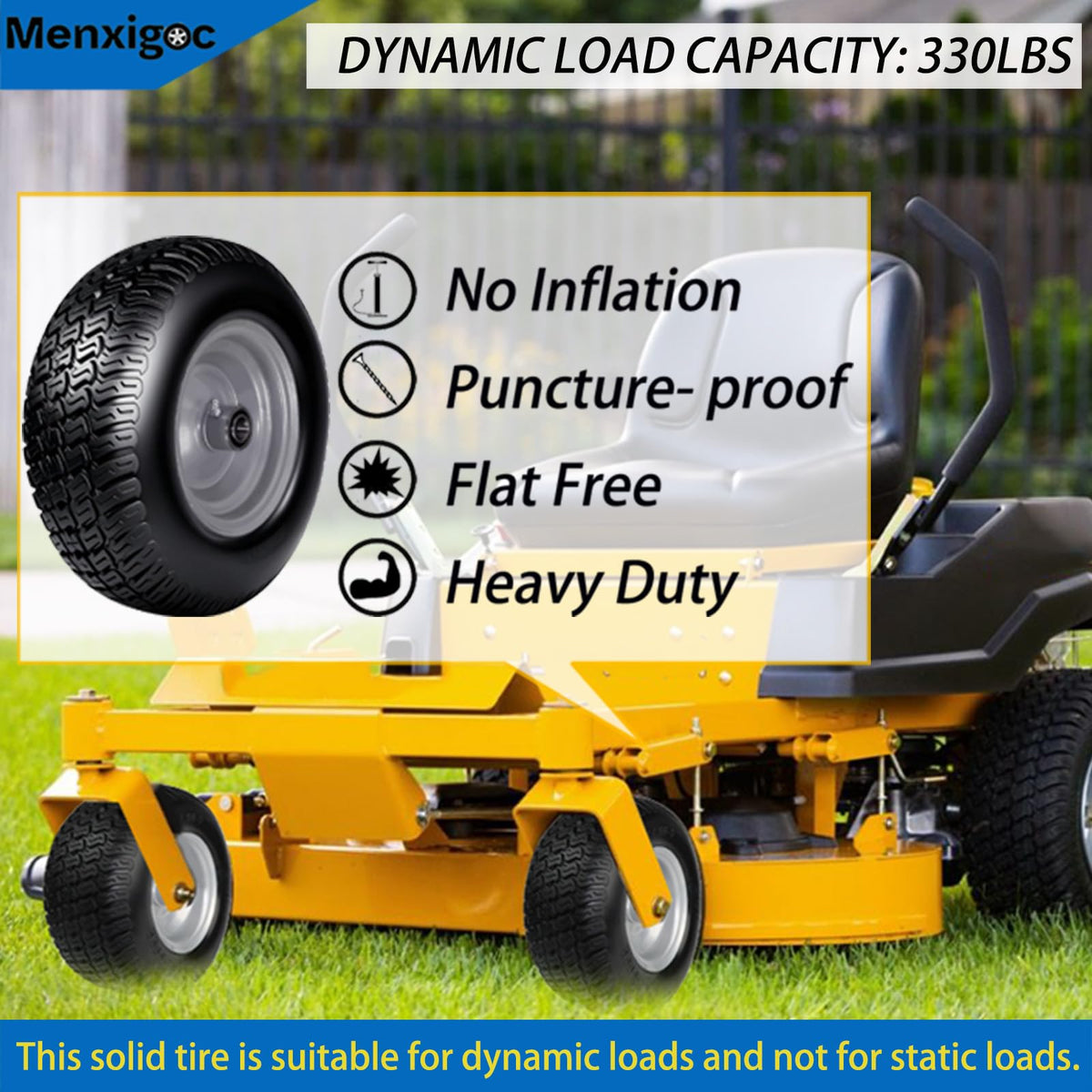 Menxigoc outdoor equipment tire compatible with mowers and carts.