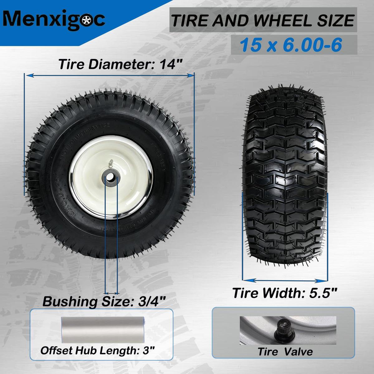 Menxigoc tubeless lawn tire wheel set offers durable performance.