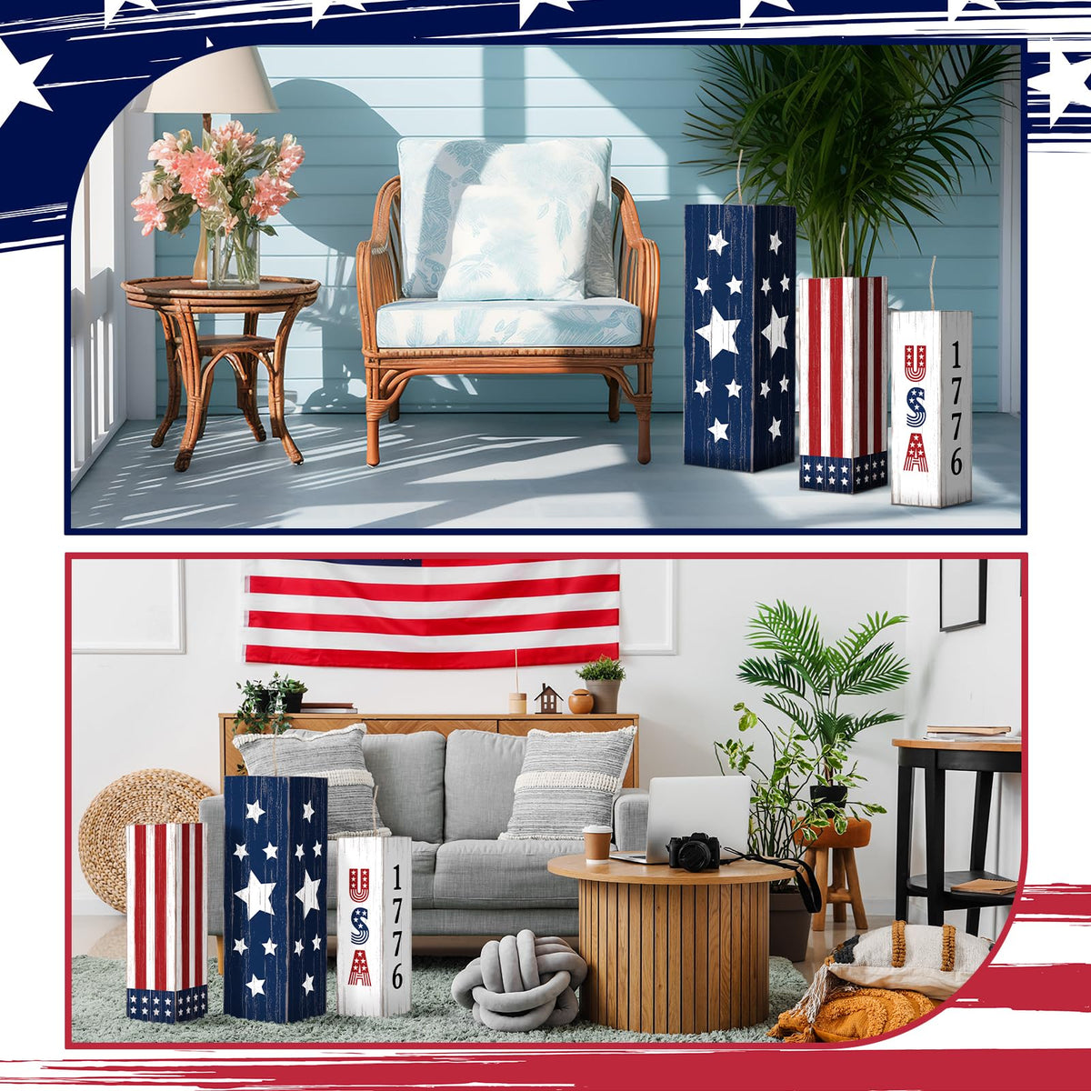 Meonum blue red white color scheme sign boosts porch visibility.