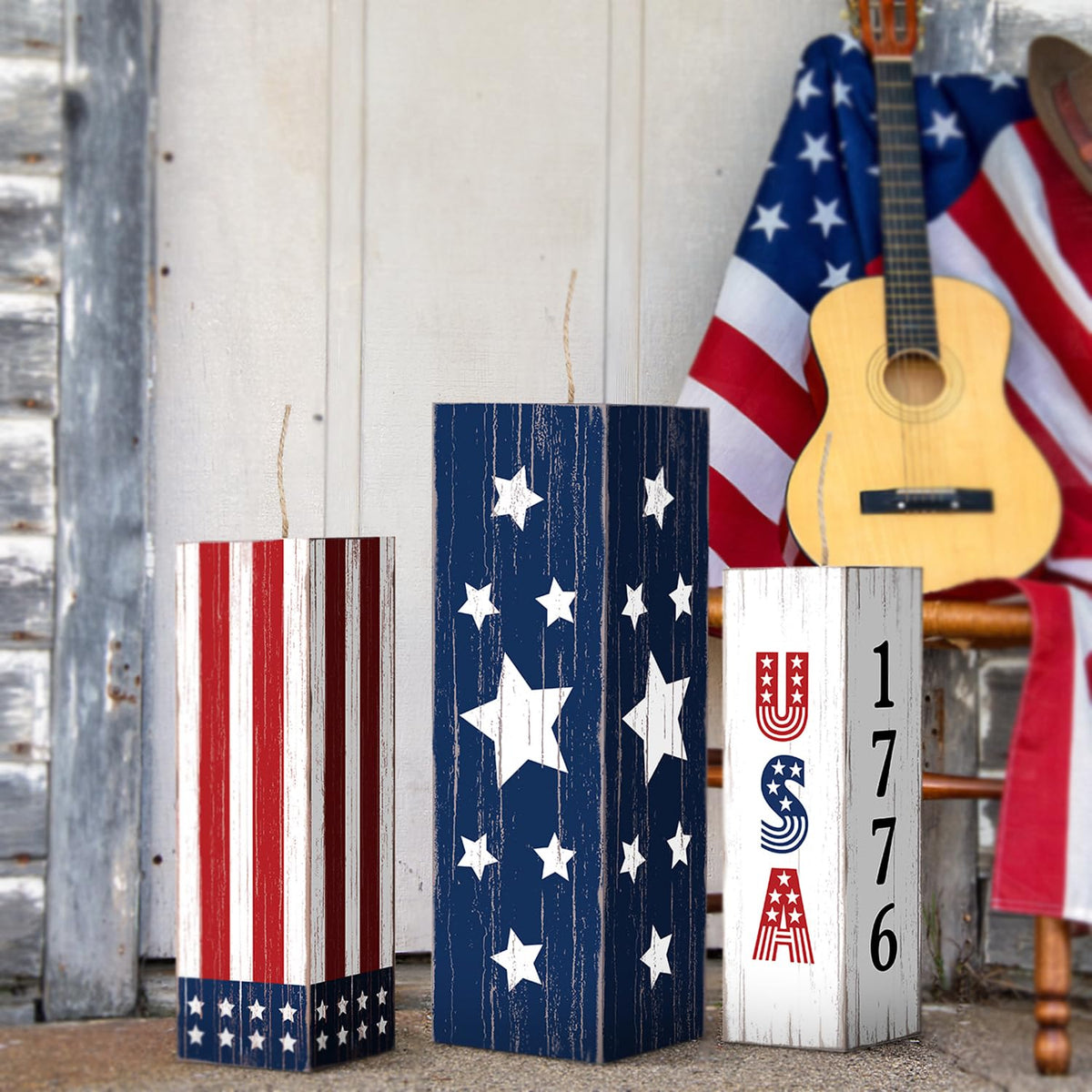 Meonum 4th of July porch sign set in wood for outdoor display.