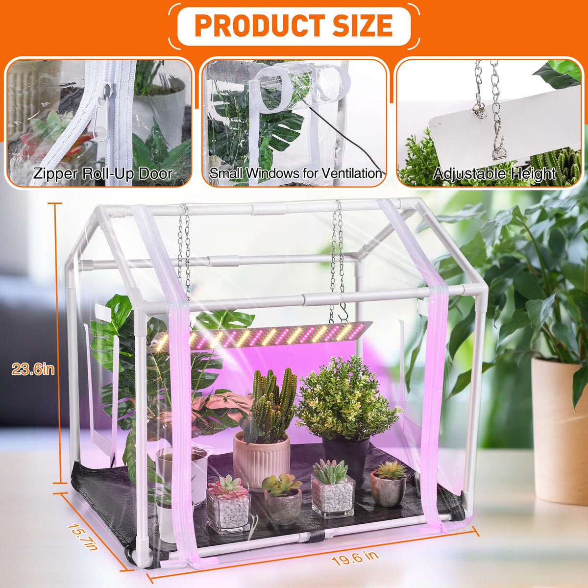 Meonum mini greenhouse interior with grow light enables early indoor germination.