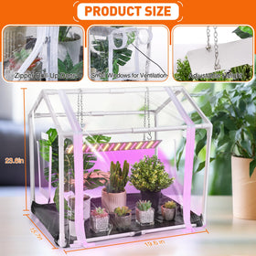 Meonum mini greenhouse interior with grow light enables early indoor germination.