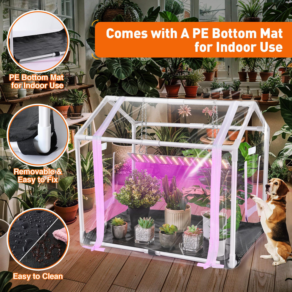 Meonum mini greenhouse waterproof bottom mat keeps floors clean during setup.